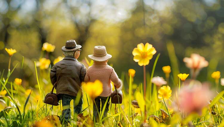 Depiction of elderly couple strolling