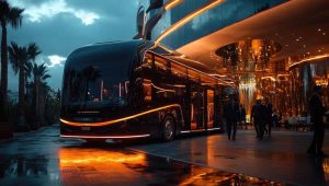 Luxury motor coach in front of a building