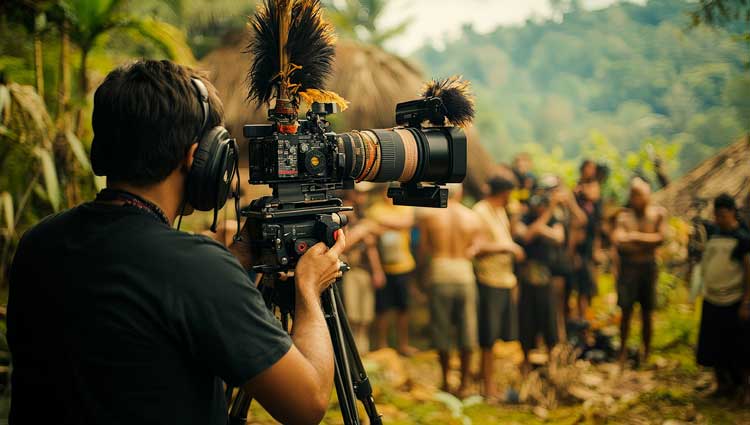 Cameraman preparing a video recording for a story