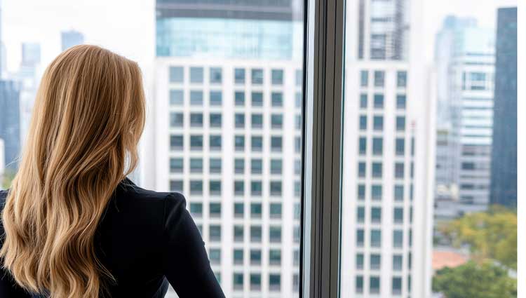 Woman looking out the window open to opportunities