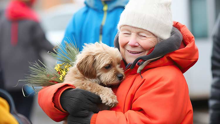 Woman holding a Yorkie on shoulder.