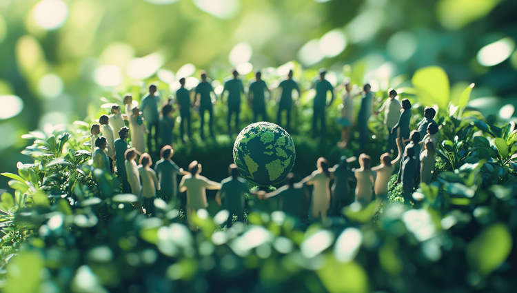 Depicted growth with individuals holding hands around a green globe