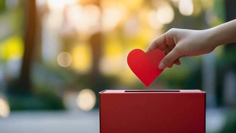 Depositing a symbolic heart into a donation box