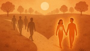 Two radiant figures walk a giving path, symbolizing shared identity, community, and philanthropy inspired by example and legacy.