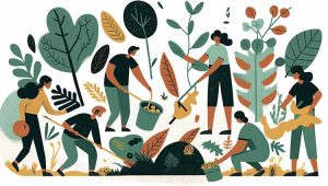 People collaboratively nurturing and tending a flourishing garden, symbolizing humble stewardship through caring cultivation rather than control