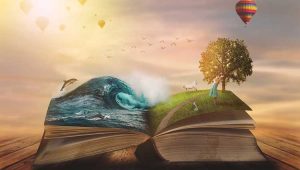 Open book unleashing ocean waves and peaceful meadow, symbolizing how mindset and imagination shapes the story and world we experience