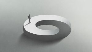 Person standing on endless Möbius strip representing the complex mystery and paradoxical relationship between donor intentions and bequest behavior