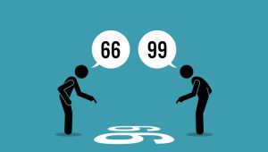 Two people pointing at the same number from opposite sides—one sees 66, the other sees 99—illustrating how perspective shapes perception.