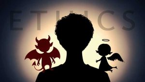 Ethical dilemma illustration with angel and devil on shoulders representing tainted money decisions in philanthropy. It illustrates a blog post about taking controversial donations.