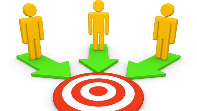 A cartoon image of three yellow figures standing on three green arrows pointing to a bullseye target. It illustrates the concept that financial advisors should form relationships with nonprofits.