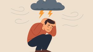 Illustration of a crouching nonprofit leader under a lightning-cracking storm cloud, symbolizing organizational fragility and looming Black Swan crises.