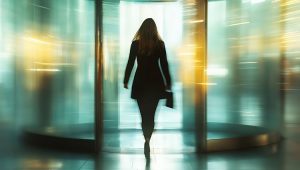 Silhouette of executive walking through a revolving door, symbolizing nonprofit leadership turnover and organizational transition challenges