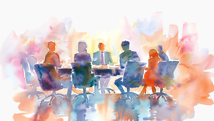 Nonprofit board members sitting in a conference room - watercolor rendering
