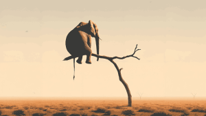 Elephant precariously perched on a fragile tree branch, symbolizing unsustainable weight, instability, and the looming collapse of fragile systems