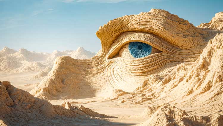 Surreal desert landscape shaped like a human eye, symbolizing the illusion behind inflated legacy gift lists and the need for clearer vision