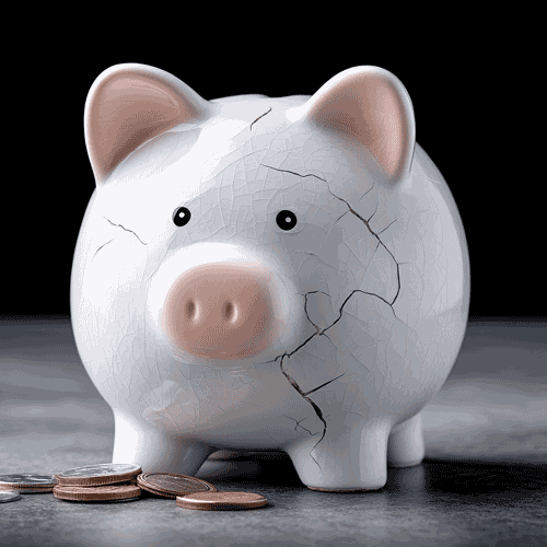 Old, about to crack piggy bank with a slightly worried look