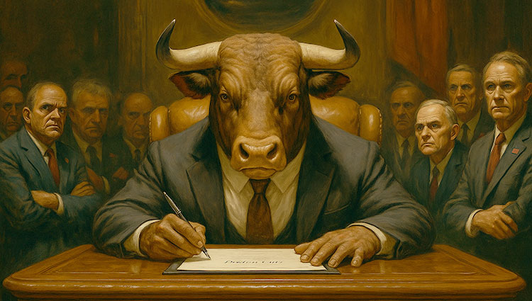 A powerful bull in a business suit signing a document labeled ‘Budget Cuts,’ surrounded by stern-faced executives, symbolizing aggressive financial decisions and austerity measures.