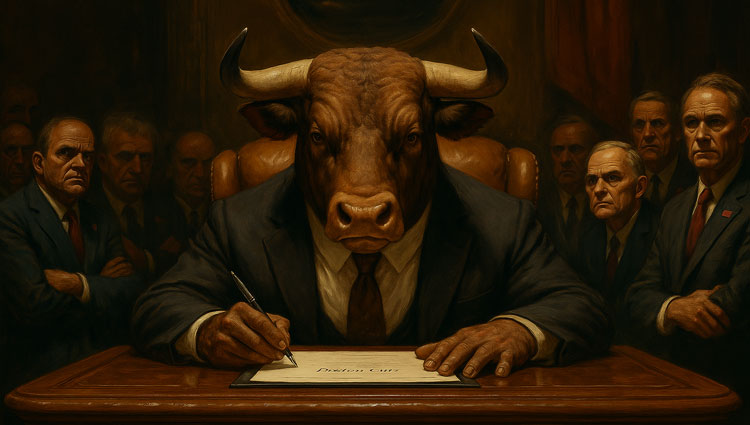 A powerful bull in a business suit signing a document labeled ‘Budget Cuts,’ surrounded by stern-faced executives, symbolizing aggressive financial decisions and austerity measures.