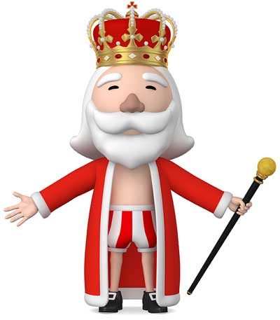 Cartoon king wearing crown and robe, holding a scepter, shown in striped underwear—humorous ‘emperor has no clothes’ metaphor symbolizing exposed vanity, hollow authority, and false promises.