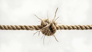 Close-up of a rope tied in a knot, symbolizing strain