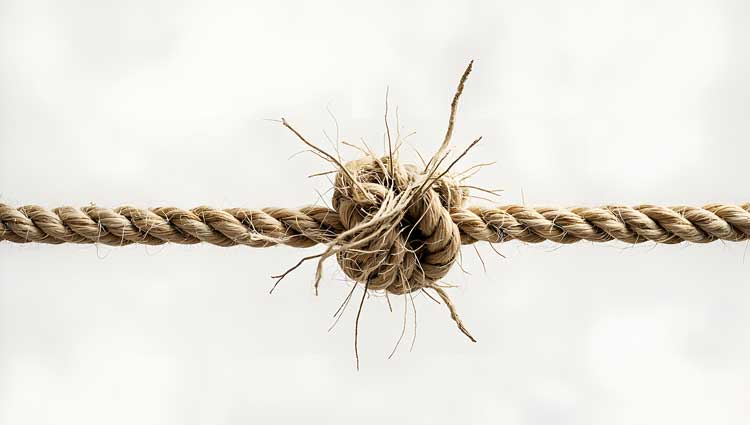 Close-up of a rope tied in a knot, symbolizing strain