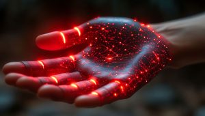 Close-up of a futuristic artificial intelligence hand glowing with red neural network lights, symbolizing AI power and digital transformation in the nonprofit sector
