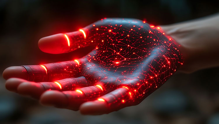 Close-up of a futuristic artificial intelligence hand glowing with red neural network lights, symbolizing AI power and digital transformation in the nonprofit sector