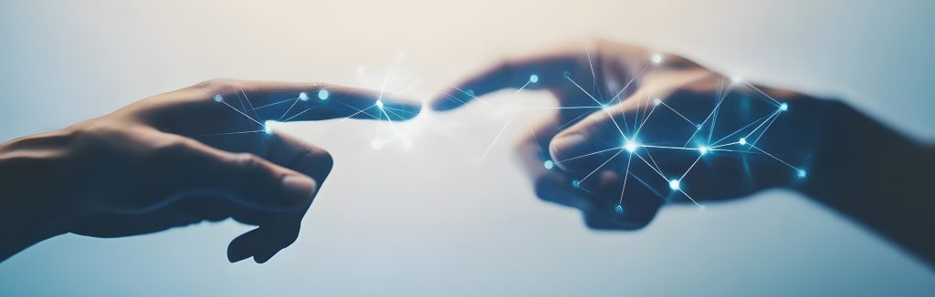 Two hands reaching toward each other with digital network connections between them, symbolizing technology-enabled human connection
