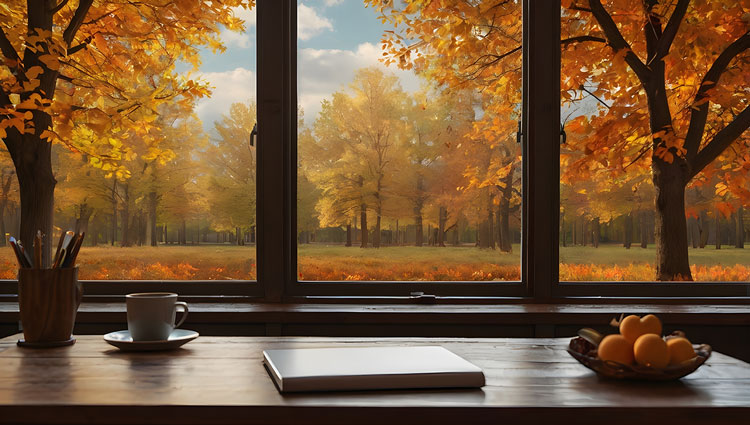 Calm workspace overlooking an autumn forest through a large window, symbolizing transparency, clarity, and strong nonprofit governance