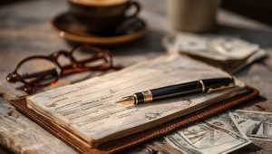 Open checkbook on desk with a pen next to it demonstrating hesitant donor