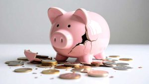 Cracked pink piggy bank with coins spilling out, symbolizing the fractured state of donor participation in American philanthropy