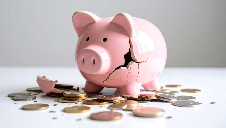Cracked pink piggy bank with coins spilling out, symbolizing the fractured state of donor participation in American philanthropy