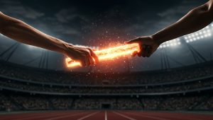 Relay baton handoff symbolizing the Pay It Forward Covenant—scholars becoming future supporters