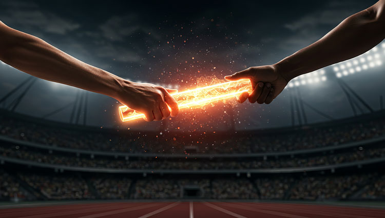 Relay baton handoff symbolizing the Pay It Forward Covenant—scholars becoming future supporters