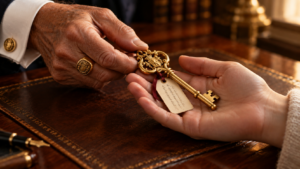 Passing down the golden key. An elderly man’s hand, wearing a crested gold signet ring, passes an ornate gold key with a handwritten tag into a young person’s open palm.